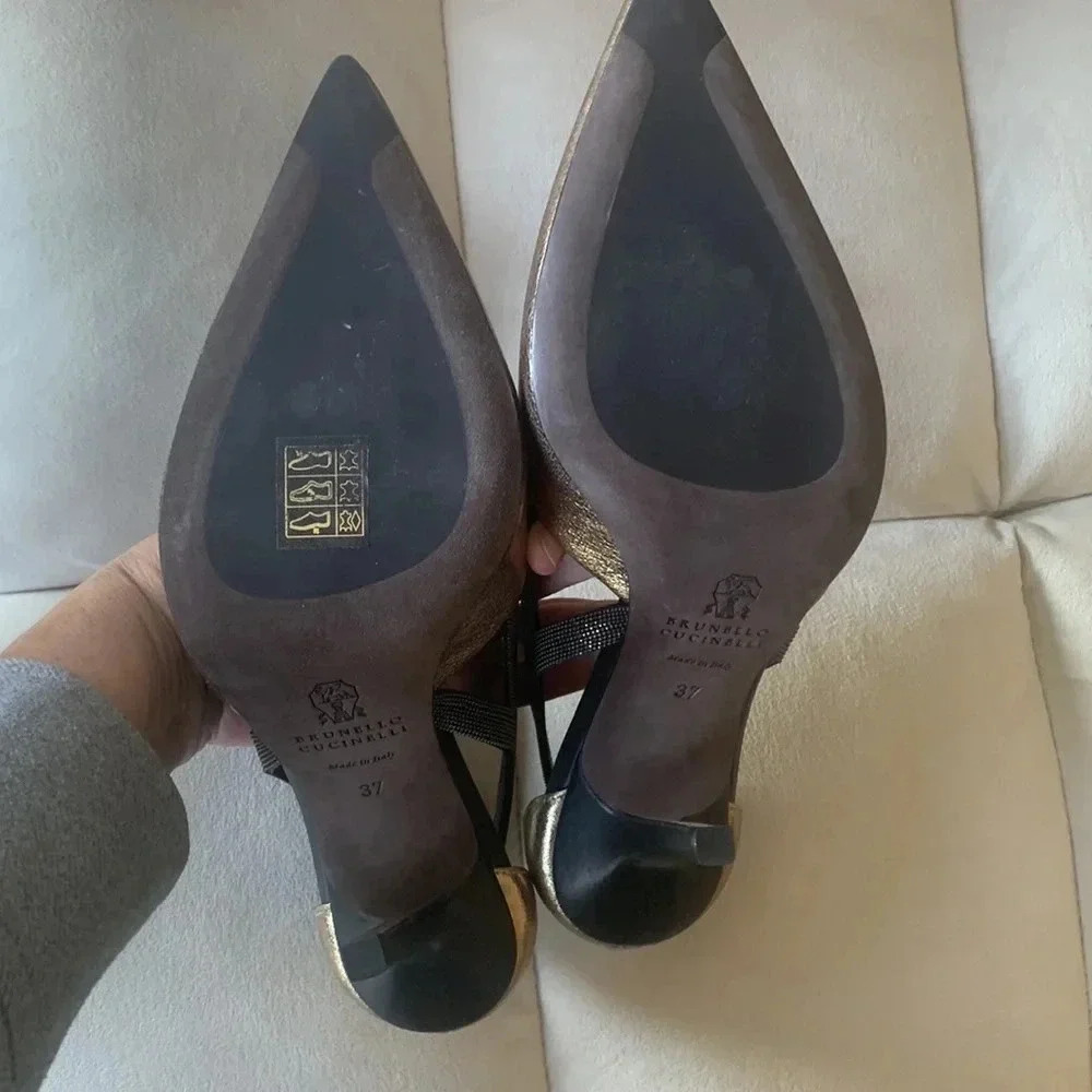 NWOT BRUNELLO CUCINELLI gold leather 4 inch heel pumps w/ signature beads sz 37 - Picture 5 of 8